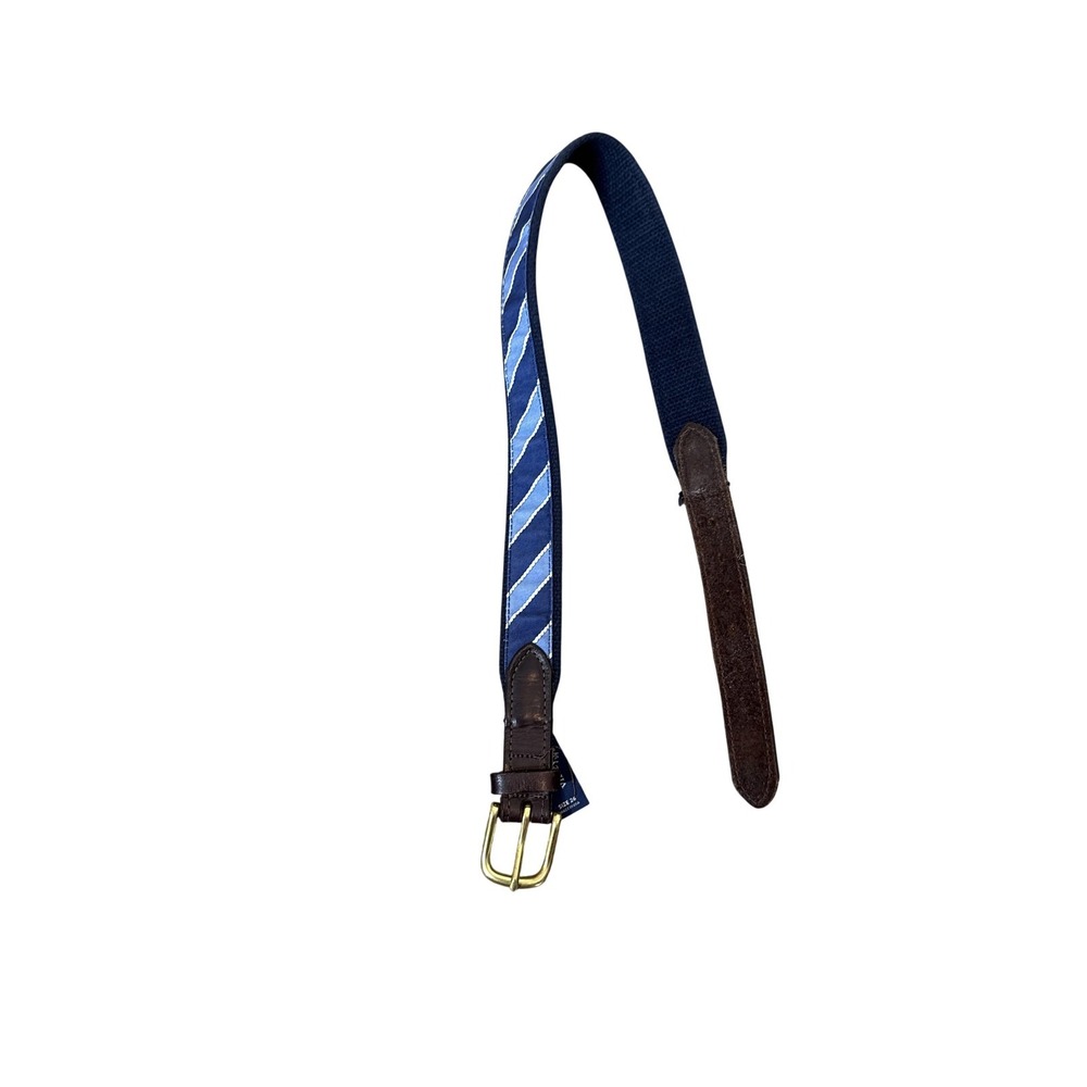 Vineyard Vines Belt Boys Size‎ 26 Blue Stripe Ribbon Leather Brass Buckle